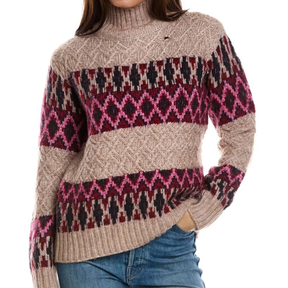 Driftwood Beige Fairisle Mock Neck Sweater Size M NEW